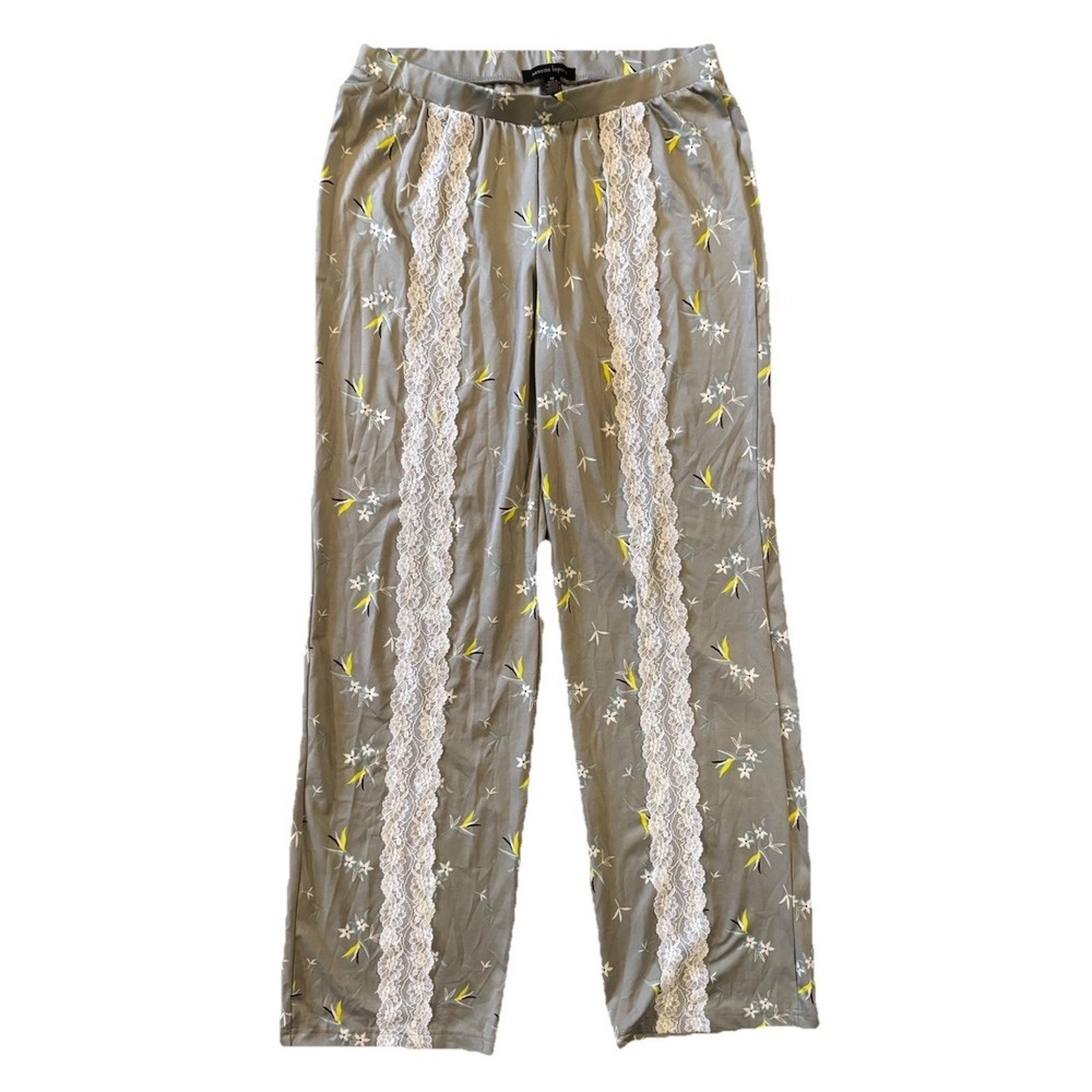 Nanette Lepore Floral Pajama Pants Grey White Lace Inset Lounge Sleepwear Size M